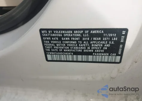 2013 Volkswagen Passat 2.5L Se z USA, uszkodzony, nr VIN 1VWBH7A30DC062874